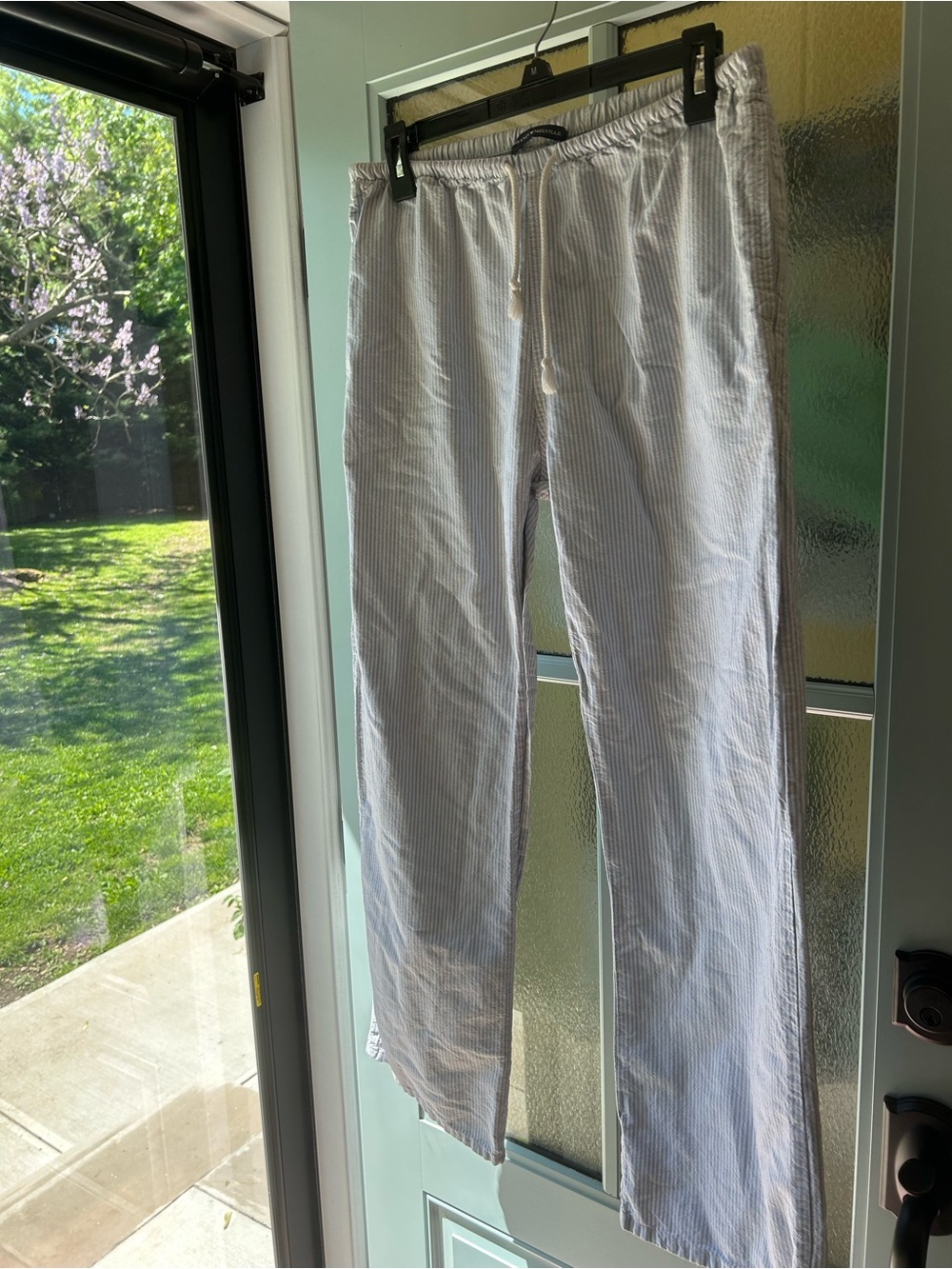 Brandy Melville Light Blue and White Striped Drawstring Pants